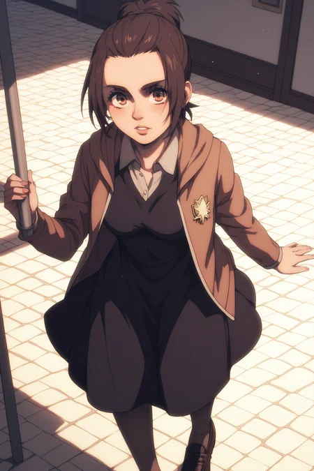 score_9, score_8_up, score_7_up, BREAK source_anime, <lora:gabi braun-PonyXL-lora-Faxtron:0.8> gabi braun, brown eyes, brown hair, single hair bun, breasts, black dress, jacket, loafers,