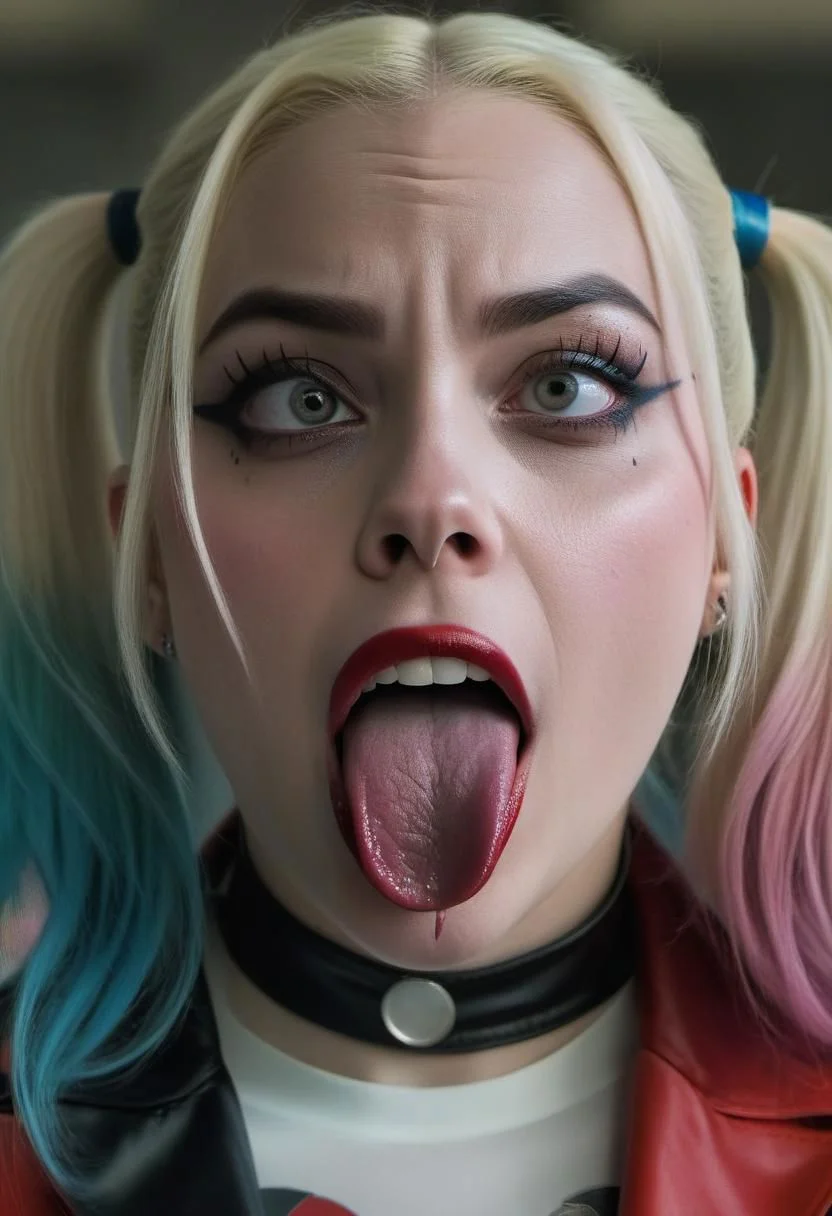 high quality, cinematic, Harley Quinn, dark and creepy, tongue out, alone, detailed face