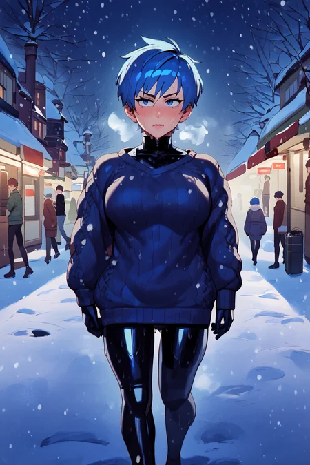 sweater <lora:latex_under_clothes:1> latex under clothes, latex body suit, sweaty, steamy body, short tomboy hair, big boobs, <lora:RD-MAnon-XLV1.1:1> walking donw town, in winter, snowing, breath fog, blue hair and eyes, walking away from viewer, public space, charismas, source_anime, score_9_up, score_7_up, score_8_up