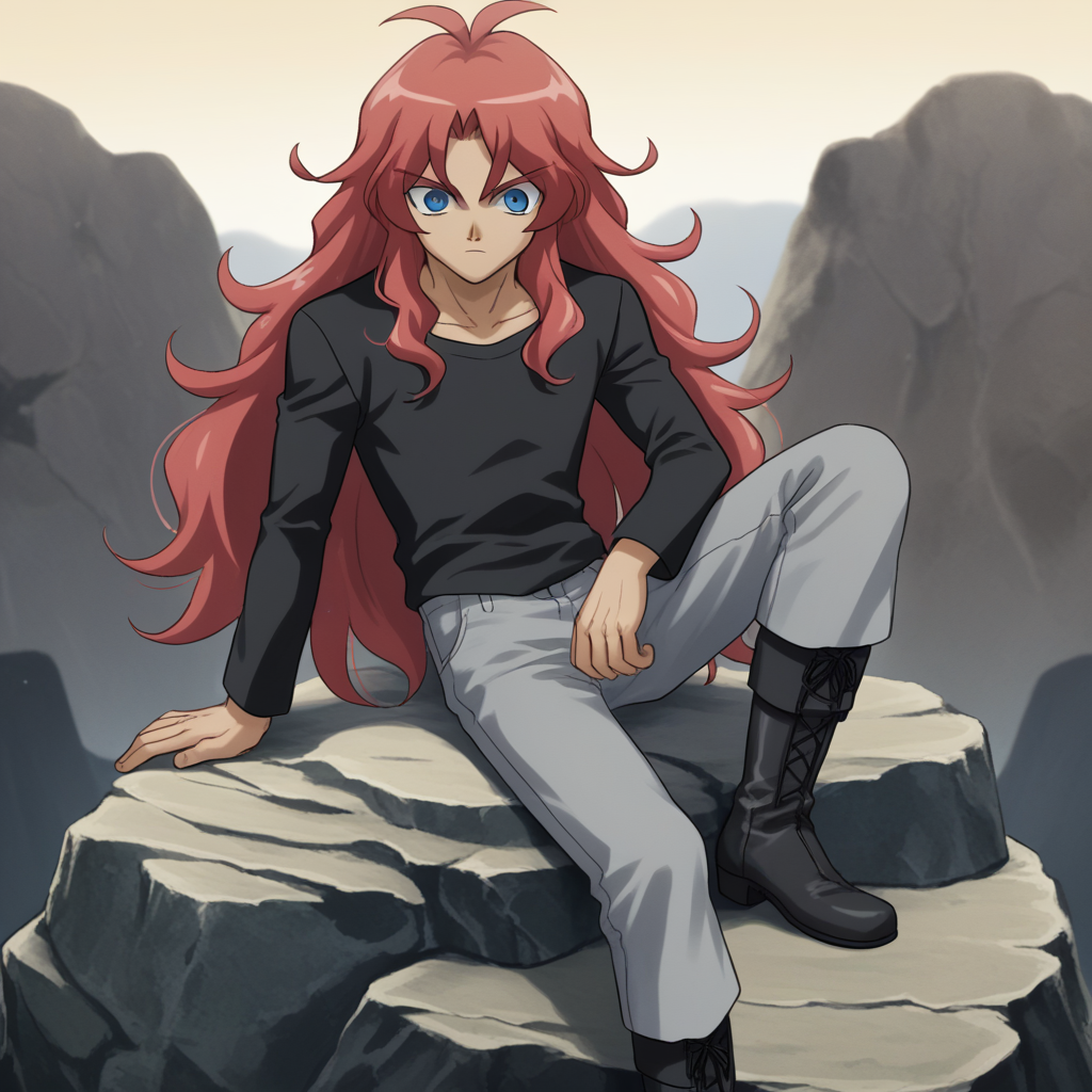 score_8_up, BREAK, source_anime,  1boy, solo, red hair, long hair, blue eyes,    <lora:BakuganStyle_PXL_Leaf1C:1>, black boots, black shirt, grey pants, sitting on rock