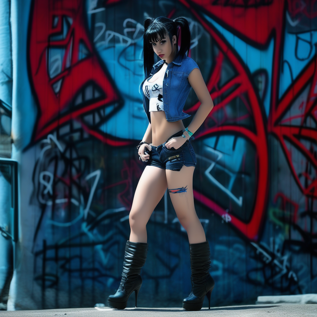denim, graffiti, science fiction, no bra, bikini, black hair, twintails, short shorts, high heel boots