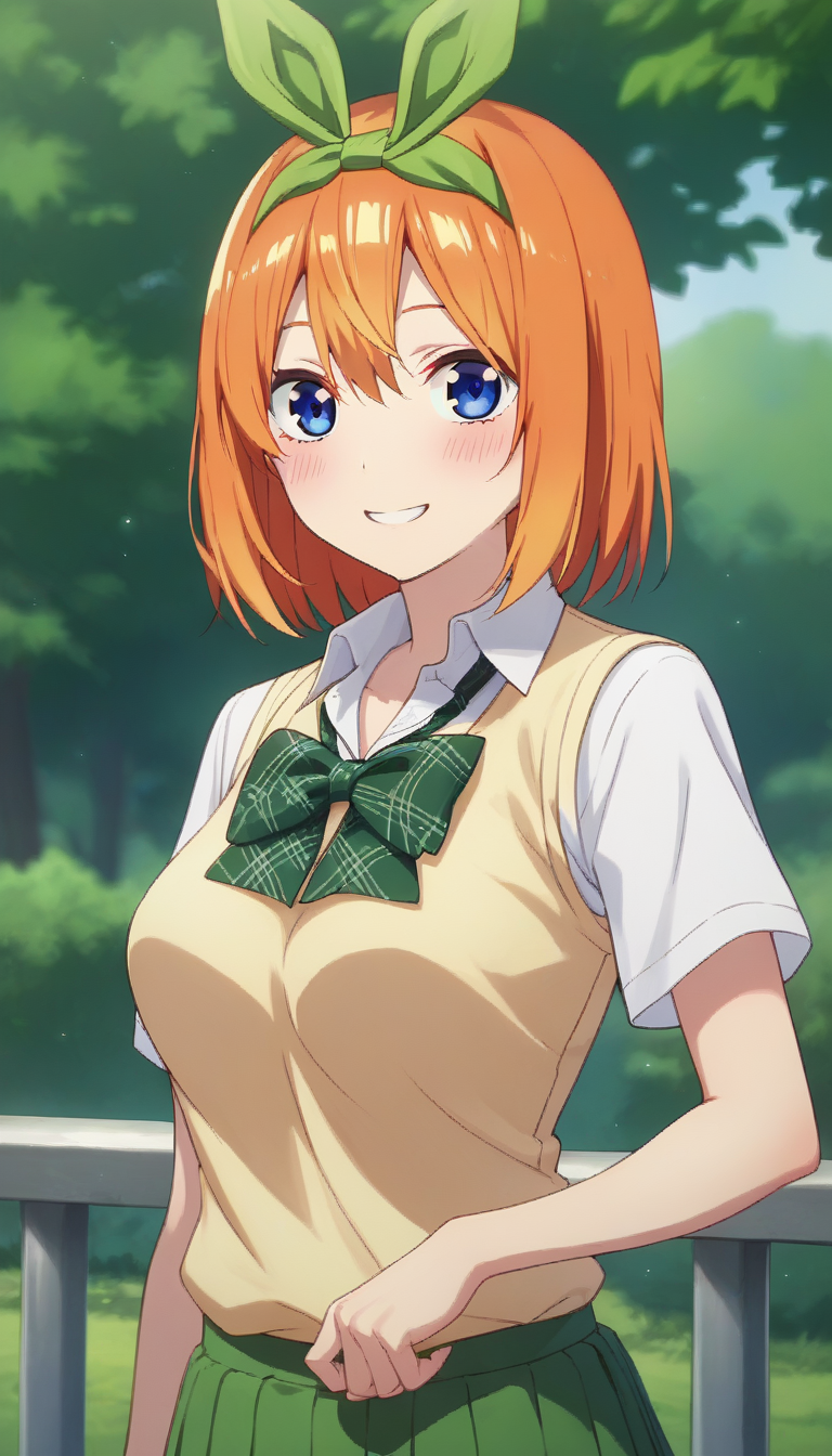 score_9,score_8_up,score_7_up,score_6_up BREAK official art,solo,outdoors,upper body,(portrait:1.5),looking at viewer,facing viewer,smile,blush,Nakano Yotsuba,medium hair,orange hair,green hairband,hair ribbon,green ribbon,hair between eyes,parted bangs,eyebrows hidden by hair,blue eyes,school uniform,sweater vest,yellow sweater,green bowtie,plaid bowtie,white shirt,collared shirt,short sleeves,medium breasts,green skirt,pleated skirt,black socks,loafers,<lora:Nakano Yotsuba(tqq)-Pony:1.6>,