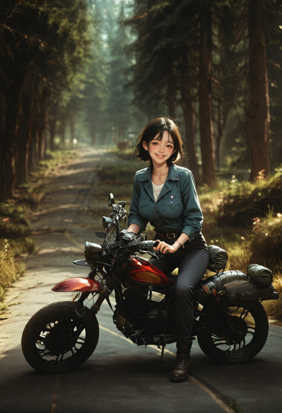 ,ruanyi0960,motorcycle,outdoors,forest,
standing,<lora:0960 Motorcycle parked on forest road_v1_pony:1>, score_9, score_8_up, score_7_up, score_6_up, score_9, score_8_up, score_7_up, score_6_up source_anime, blush, 1girl, seduce smile, perfect body , natural huge breasts