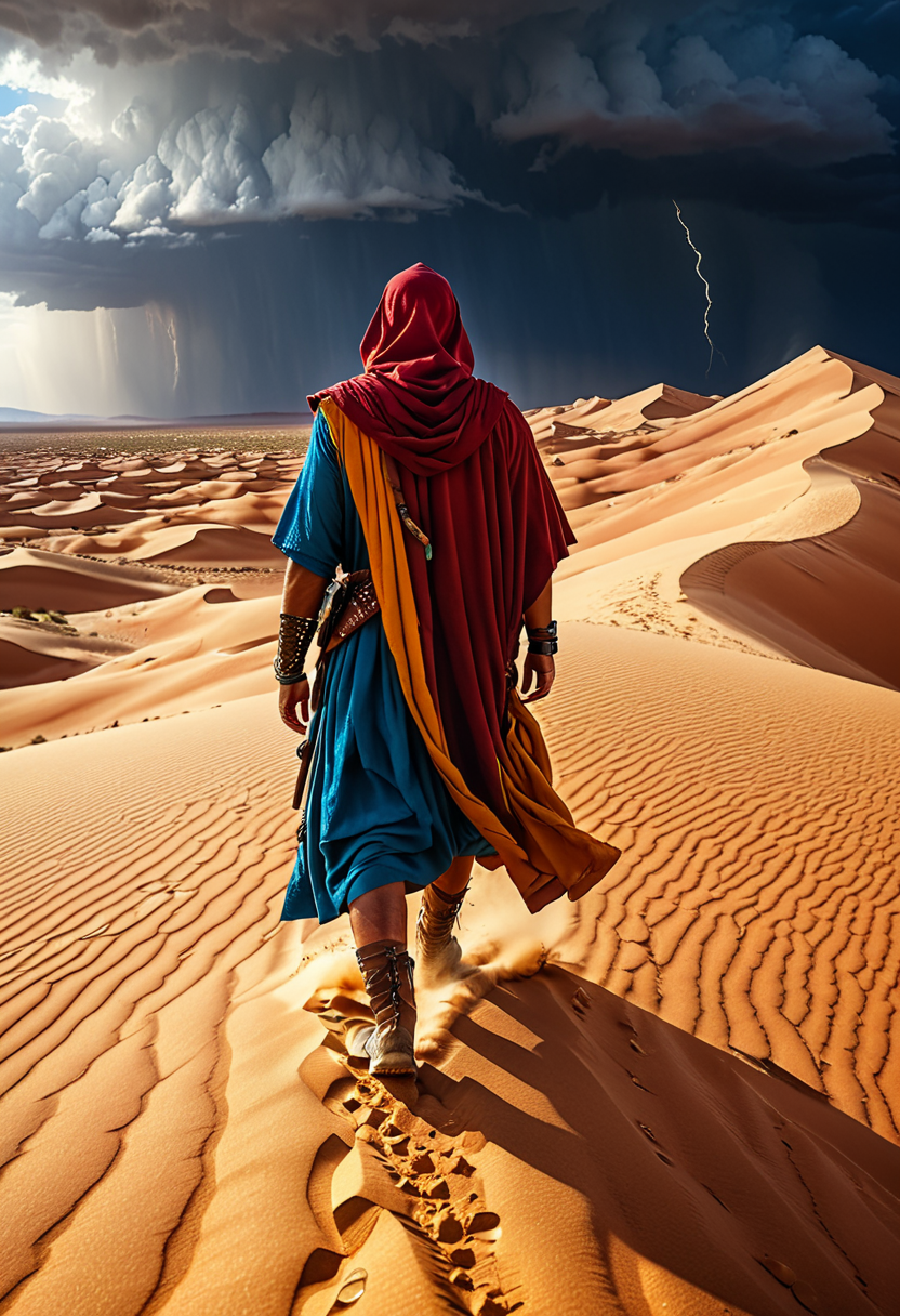 (best quality, absurdres, masterpiece), high quality, photo realistic, 4k, Fantastic lighting. Detailed shadows, vivid colors, ultra-sharp, 8k , intricate details, 
A mysterious cloaked traveler walking through a stormy desert. ,  <lora:moreToppingsCaptioned-SDXL:0.7>