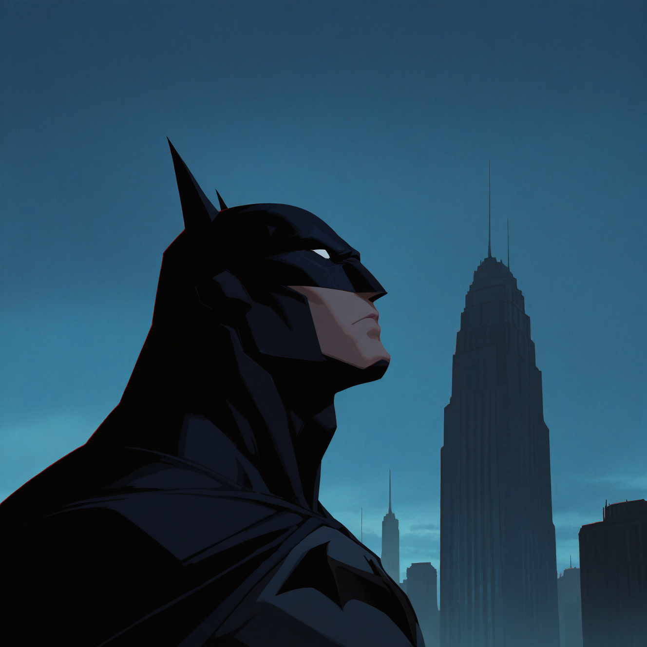 <lora:BATMAN_DCAMU:1> batman_dcamu, solo, 1boy, upper body, male focus, outdoors, horns, sky, cloud, armor, from side, profile, mask, bodysuit, night, cloudy sky, portrait, looking up, building, night sky, serious, city, cityscape, dark, white eyes, superhero, skyscraper, high contrast, cape, retro artstyle, motion blur, film grain, abstract, natural lighting, fantasy, cinematic, very awa, masterpiece, best quality, absurdres, newest, perfect quality, detailed background, intricate details, (artist:fl \(l-fl\):0.7), (artist:tooboshoo:0.7), (artist:dizdoodz:0.8)