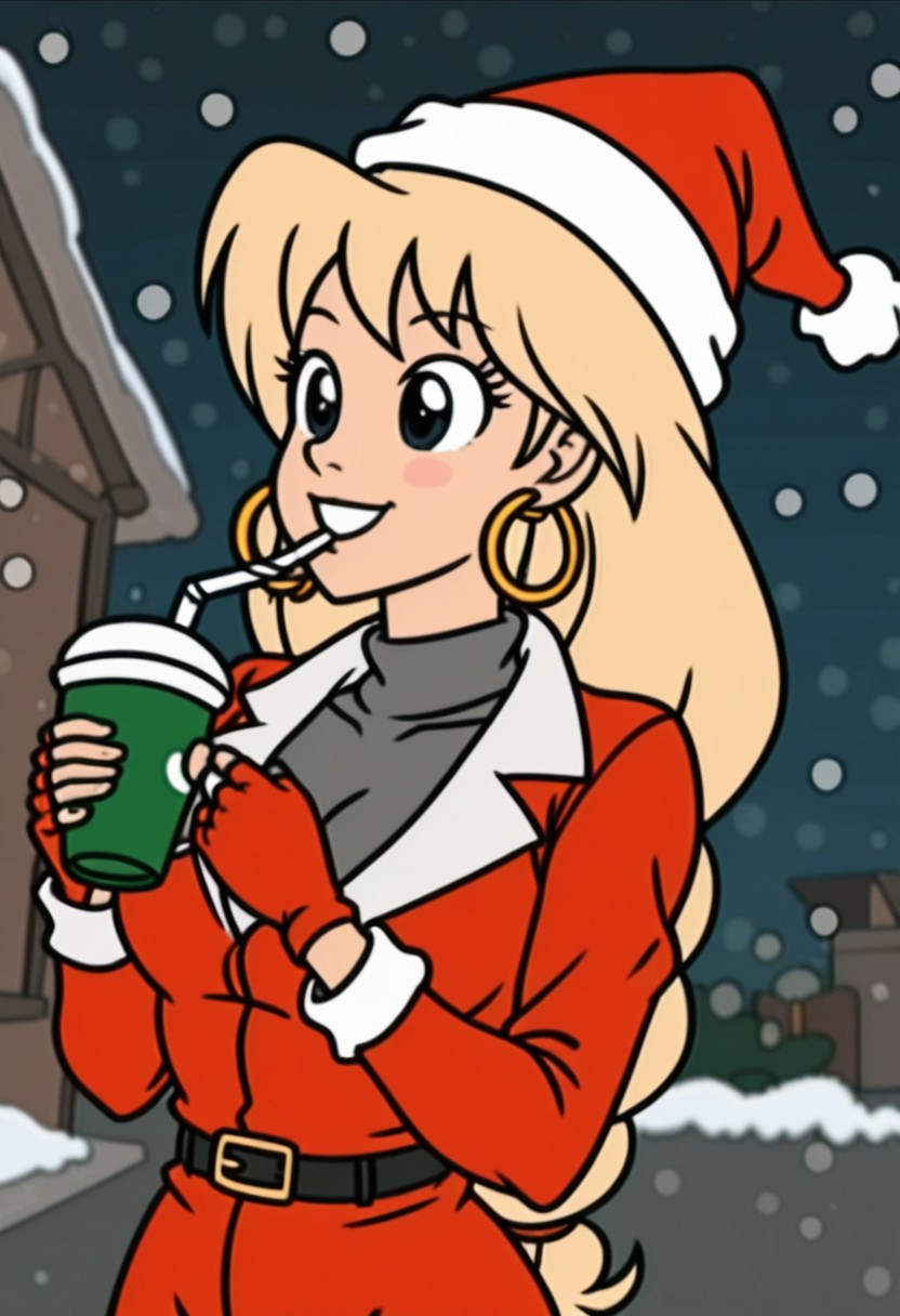 woman,tiffany,kangoo,1girl, jewelry, earrings, hat, solo, hoop earrings, blonde hair, cup, christmas, jacket, long hair, black eyes,female, snowing, gloves, snow, holding, santa hat, food, red gloves, fingerless gloves, red headwear, red jacket, disposable cup, holding cup, smile, open jacket, drinking straw, holly, gift, turtleneck, box, plate, upper body