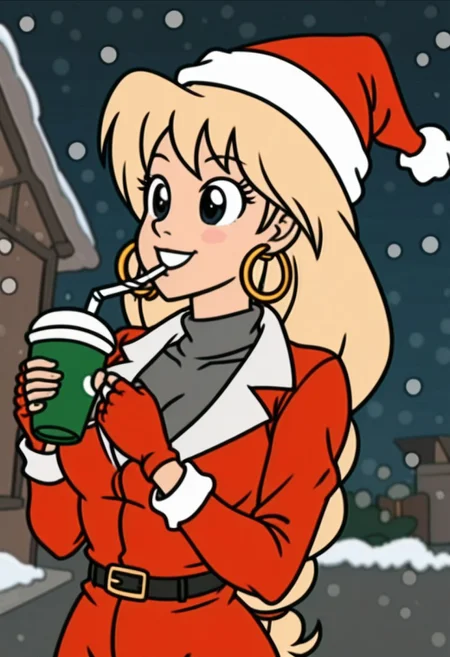 woman,tiffany,kangoo,1girl, jewelry, earrings, hat, solo, hoop earrings, blonde hair, cup, christmas, jacket, long hair, black eyes,female, snowing, gloves, snow, holding, santa hat, food, red gloves, fingerless gloves, red headwear, red jacket, disposable cup, holding cup, smile, open jacket, drinking straw, holly, gift, turtleneck, box, plate, upper body