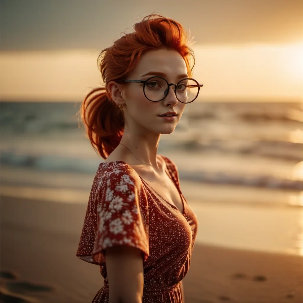 cinematic photo full body portrait 1girl, solo, round glasses, freckles, redhead, ponytail, big hair, summer dress, breast, on the beach, sunset <lora:MlleJeanne1024-step00000800:0.8> . 35mm photograph, film, bokeh, professional, 4k, highly detailed
