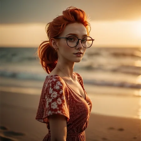 cinematic photo full body portrait 1girl, solo, round glasses, freckles, redhead, ponytail, big hair, summer dress, breast, on the beach, sunset <lora:MlleJeanne1024-step00000800:0.8> . 35mm photograph, film, bokeh, professional, 4k, highly detailed