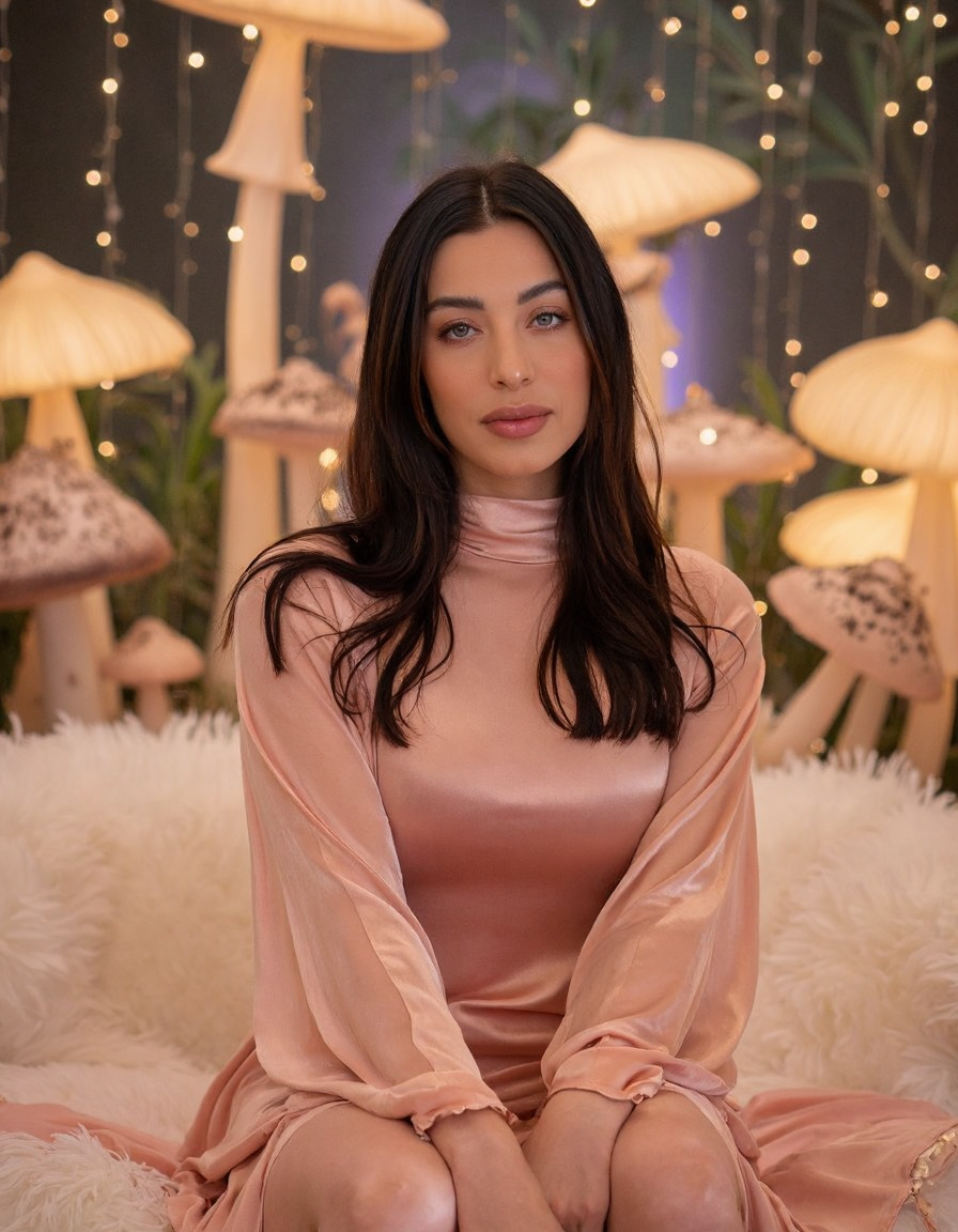 A woman sits on a cloud-soft, white couch, surrounded by a whimsical garden filled with glowing mushrooms and fireflies. The camera is positioned directly above her, looking down at her from a low angle. She gazes out at the viewer with a warm, gentle smile. She wears a turtleneck flowing gown made of lightweight, pastel-hued silk.