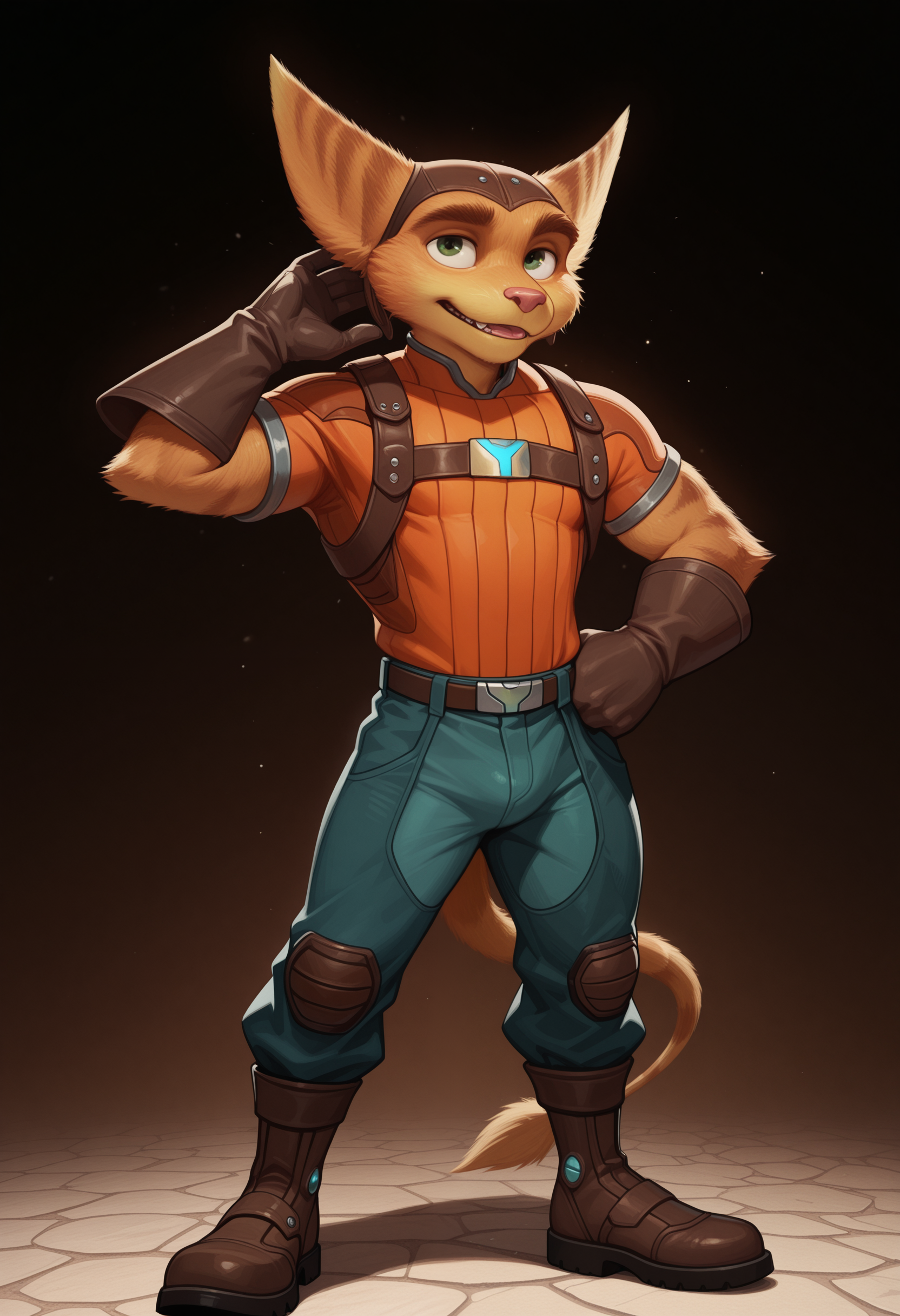 masterpiece, best quality, amazing quality, 1boy, solo, RatchetRC, Harness, Orange Shirt, Hat, gloves, boots, pants, tail