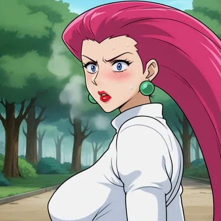 (P0K3M1LF5TYL3:1.2), score_9, score_8_up, source_anime, very aesthetic, anime screencap, anime coloring, Jesse/(Pokemon/), Jessie from Pokemon, Jessie, hair_slicked_back, long hair, red hair, pink hair, red lips, blue eyes, earrings, tight clothing, impossible clothing, 1girl, solo, looking at viewer, 1girl, large breasts, perky breasts, retro artstyle, shocked, fear, outdoors, sweat, steaming body, blush, afraid, confused, trees, tease, source_cartoon, outdoors, retro artstyle, 1980s (style)