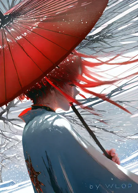 <lora:wlop_illustration:1> wlop_illustration, snow particles, 1girl, blizzard, outdoors, paper umbrella, tree branches, dynamic angle, from side, close-up, snow falling, masterpiece, best quality, good quality, very aesthetic, absurdres, newest, (Perfect details), <lora:USNR STYLE_XL_loha:0.3> <lora:spo_sdxl_10ep_4k-data_lora_webui:0.3> <lora:ponyv5_noobV065S_1_adamW:0.3> <lora:GBF_Illustrious:0.3> <lora:748cmSDXL:0.4>, 1girl, multi colored eyes, Burgundy hair