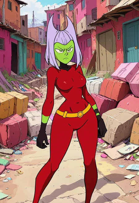 <lora:TwelveForever_ButtWitch_XL:0.7>, butt witch \(regular\), clenched hands, frown, twelve forever, 1girl, solo, colored skin, red bodysuit, slums, masterpiece, best quality