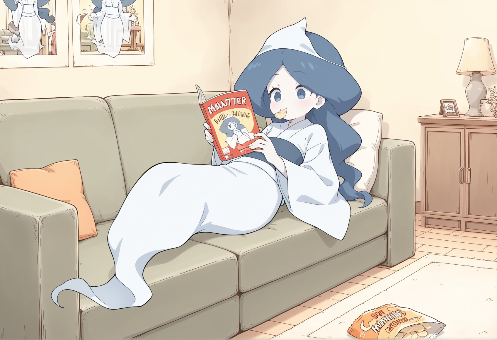 1girl, solo, transparent, monster girl, ghost tail, triangular headpiece, long hair, blue hair, parted bangs, blue eyes, pale skin, japanese clothes, obi, long sleeves, wide sleeves, lying, on back, indoors, holding magazine, eating potato chips, couch, living room  <lora:ghost_girl_moses:1>, masterpiece, best quality, amazing quality, very aesthetic, absurdres, highres, newest