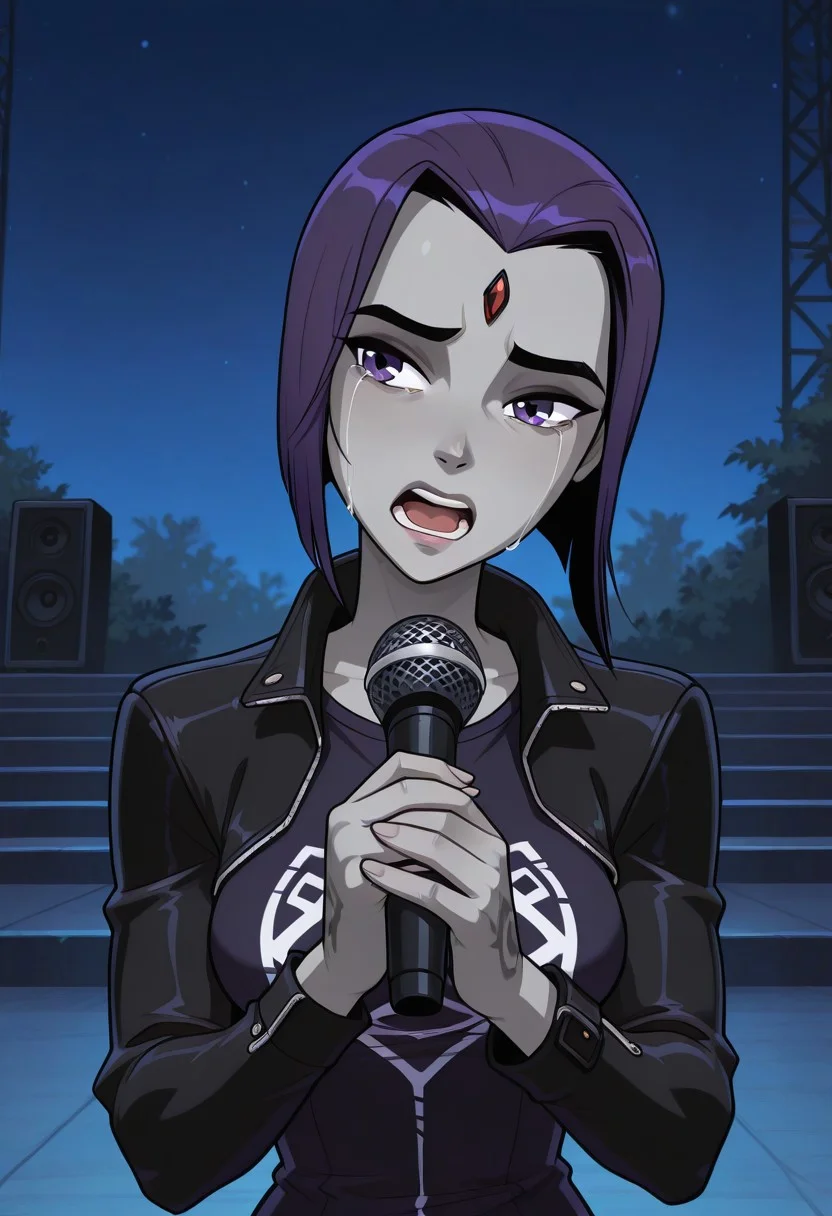 masterpiece, best quality, 2d, mrporty, absurdres,
BREAK,
1girl, solo, raventt, grey skin, forehead jewel, purple hair, short hair, purple eyes, medium breasts, mature female, 20 year old, rocker jacket, punk shirt, (holding microphone with both hands:1.2), head tilt, singing into microphone, emotional, crying, upper body shot, BREAK,
front view, detailed background, night, outdoors, music stage, audio speakers, ,BREAK score_9, score_8_up, score_7_up, highly detailed, highly detailed skin texture, finely detailed hair,