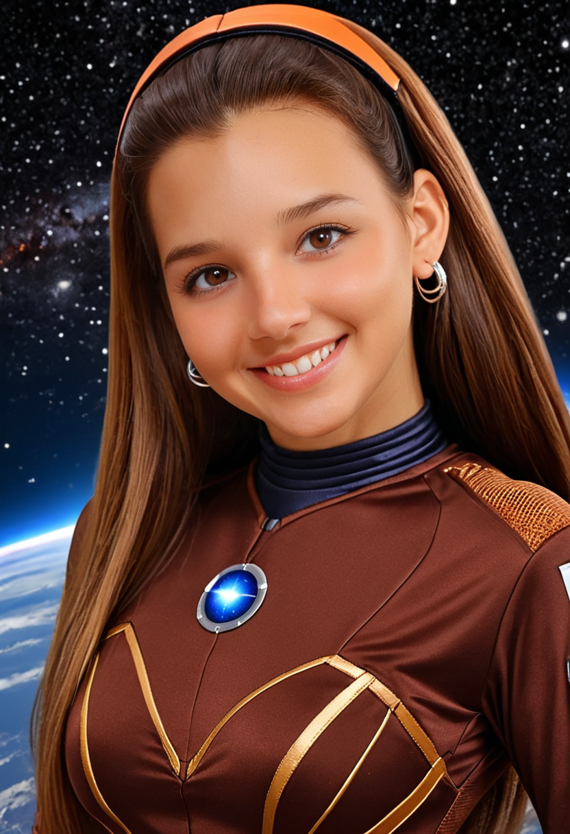 best quality, masterpiece, absurdres, newest, solo,
<lora:CL_Model_SDXL:0.9> 1 woman, cl_m0d3l, long hair, straight hair, eyelashes, lips, brown eyes, brown hair, jewelry, earrings, necklace, smile, teeth, looking at viewer,
space uniform, bodysuit underneath, eye visor,
space scenery, galactic fantasy, sci-fi,