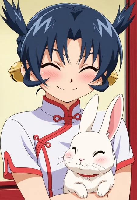masterpiece,best quality,amazing quality, renka ma, blue hair, short hair, 1girl, solo, closed eyes, smile, chinese clothes, twintails, bell, blush, rabbit, upper body, ^ ^, jingle bell
