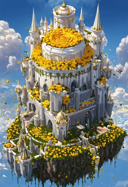 castle,
A traveler looking at a gigantic castle made of dozens of towers, medical, white, grass,matchcraft floating island , floating island, towers , sky , fly , cloud, flowers, Rose , yellow rose