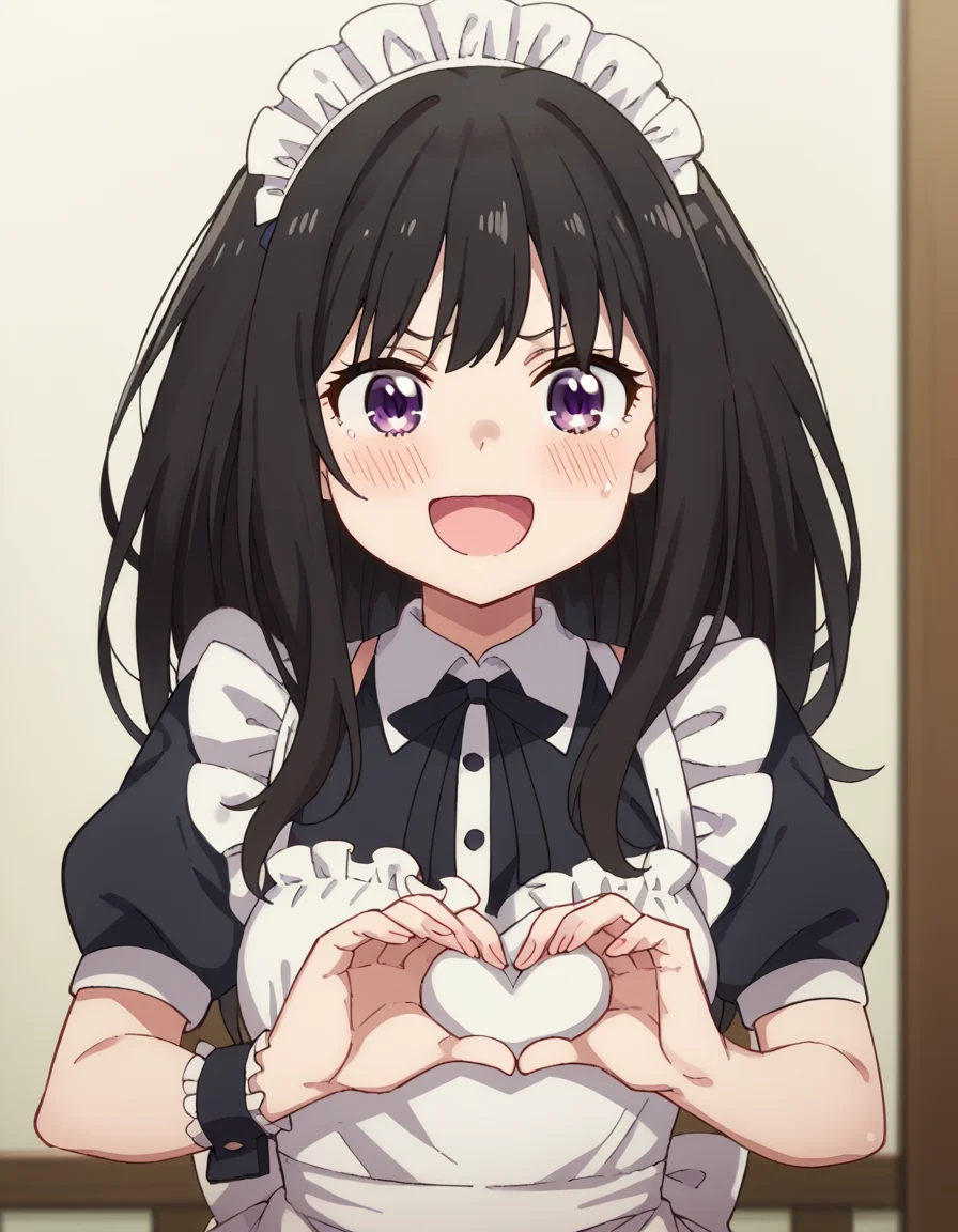 score_9, score_8_up, score_7_up, source_anime, <lora:takina-inoue-s1-ponyxl-lora-nochekaiser:1>, inoue takina, long hair, bangs, black hair, purple eyes, <lora:moe-moe-kyun-ponyxl-lora-nochekaiser:1> heart-shaped boob challenge, moe moe kyun! heart hands, enmaided, maid, maid headdress, apron, maid apron, ,, open mouth, blush, embarrassed, clsoed eyes, smile,, cowboy shot