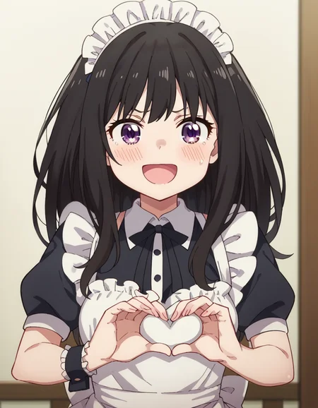 score_9, score_8_up, score_7_up, source_anime, <lora:takina-inoue-s1-ponyxl-lora-nochekaiser:1>, inoue takina, long hair, bangs, black hair, purple eyes, <lora:moe-moe-kyun-ponyxl-lora-nochekaiser:1> heart-shaped boob challenge, moe moe kyun! heart hands, enmaided, maid, maid headdress, apron, maid apron, ,, open mouth, blush, embarrassed, clsoed eyes, smile,, cowboy shot