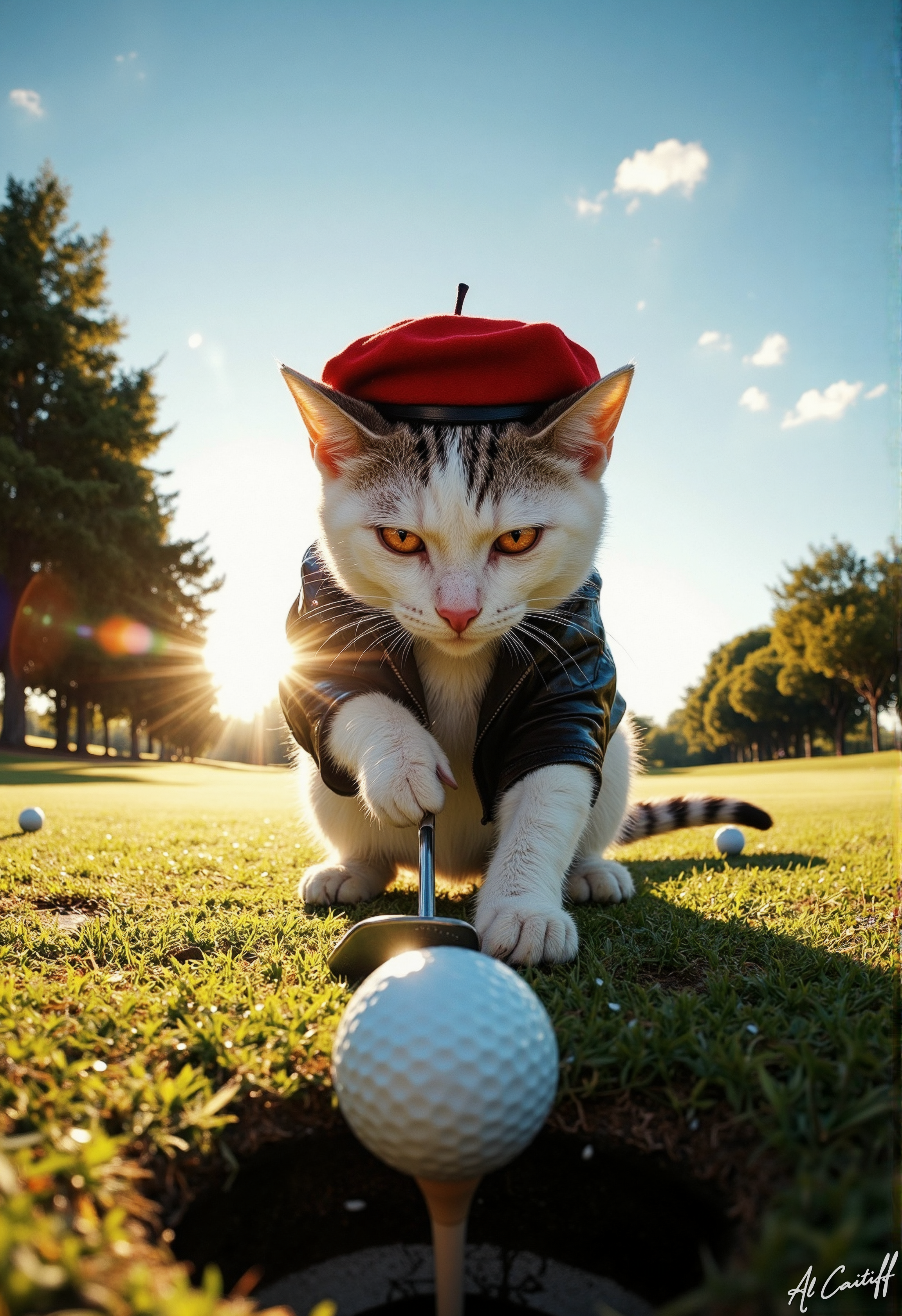 Dutch tilt shot, 18mm fisheye lens with pronounced barrel distortion, intentional motion blur on the golf ball, deep f/4 depth of field. A bright yellow sun rises over a lush green golf course, casting long shadows behind a group of trees. A small, iridescent cat with white fur and a spiky crest on its head stands on a tee, wearing a bright red beret and a black leather jacket. The cat's eyes are a piercing orange, and it grips a putter in its paws, its gaze fixed intently on the ball. The ball itself is a pure white, and it seems to be hovering just above the grass, as if suspended in mid-air. The cat's posture is tense, its tail held high as it prepares to strike. The air is filled with the sweet scent of blooming flowers, and the sky is a brilliant blue with just a few wispy clouds., l1n0c2t, fg<lora:CustomFlux/MysticRealism.safetensors:1.0000000000000002:1.0000000000000002> <lora:CustomFlux/MysticFantasy.safetensors:0.25000000000000006:0.25000000000000006> <lora:Flux/Linocut - s1 g4.safetensors:0.25000000000000006:0.25000000000000006> <lora:Flux/Stylized-Super-Texture.safetensors:0.5000000000000001:0.5000000000000001>