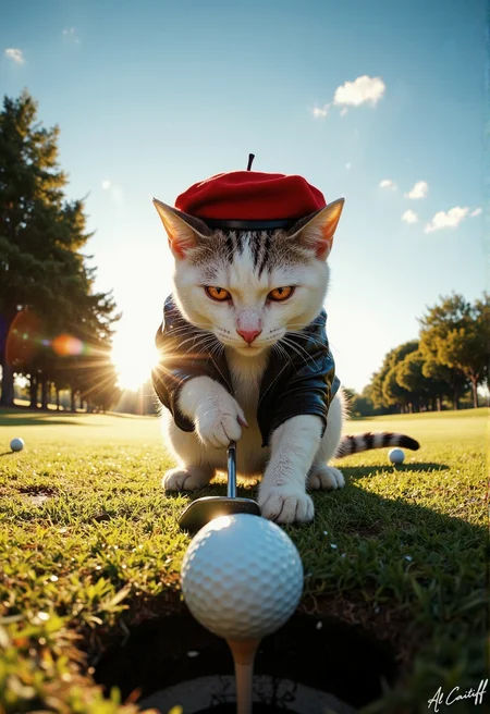 Dutch tilt shot, 18mm fisheye lens with pronounced barrel distortion, intentional motion blur on the golf ball, deep f/4 depth of field. A bright yellow sun rises over a lush green golf course, casting long shadows behind a group of trees. A small, iridescent cat with white fur and a spiky crest on its head stands on a tee, wearing a bright red beret and a black leather jacket. The cat's eyes are a piercing orange, and it grips a putter in its paws, its gaze fixed intently on the ball. The ball itself is a pure white, and it seems to be hovering just above the grass, as if suspended in mid-air. The cat's posture is tense, its tail held high as it prepares to strike. The air is filled with the sweet scent of blooming flowers, and the sky is a brilliant blue with just a few wispy clouds., l1n0c2t, fg<lora:CustomFlux/MysticRealism.safetensors:1.0000000000000002:1.0000000000000002> <lora:CustomFlux/MysticFantasy.safetensors:0.25000000000000006:0.25000000000000006> <lora:Flux/Linocut - s1 g4.safetensors:0.25000000000000006:0.25000000000000006> <lora:Flux/Stylized-Super-Texture.safetensors:0.5000000000000001:0.5000000000000001>