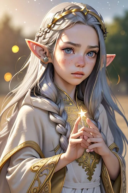 Portrait of a beautiful queen, 18yo, casting a spell, (small natural pointed ears:1.4), very long braided golden hair with silver highlights, gold circlet, (lips speaking a spell), large light grey eyes, irritated, medium breasts, (finely embroidered gossamer tunic and robe with stars design), random pose, outdoors, star filled sky, golden hour, professional hyperrealist art by Chuck Close, sharp focus, dramatic, award winning, dtx, (depth of field blurry background, blurry foreground, bokeh, (masterpiece), (extremely intricate:1.3), (hyperrealistic), HD