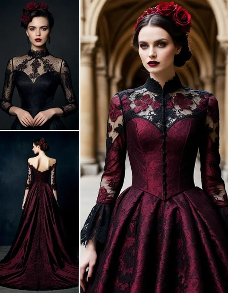 Inspired by:Dark Gothic style, Tenebrous Charm, intoxicating allure, sinister elegance, textured aesthetic, gothic lace, deep jewel tones and delicate embroidery, deep tones of midnight and crimson.