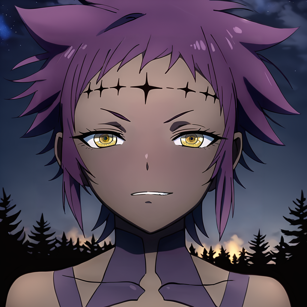 sharp focus, pixiv masterpiece, intricate details,  expressionless, source_anime,  score_9_up, score_8_up, score_7_up, score_9, looking at viewer, 
, highres,, 1girl,solo, remarkable, absurd res, forest,   <lora:roadkamelot_PonyXL_0.3:1>, hwnoahroad, brown skin,  purple_markings, amber_eyes, forehead_crosses,  looking at viewer, night, headshot, close-up, evil grin, from side, mist, dark pine trees, fog