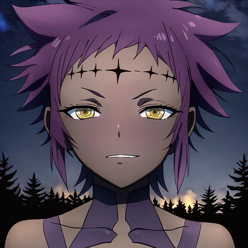 sharp focus, pixiv masterpiece, intricate details, expressionless, source_anime, score_9_up, score_8_up, score_7_up, score_9, looking at viewer,
, highres,, 1girl,solo, remarkable, absurd res, forest, <lora:roadkamelot_PonyXL_0.3:1>, hwnoahroad, brown skin, purple_markings, amber_eyes, forehead_crosses, looking at viewer, night, headshot, close-up, evil grin, from side, mist, dark pine trees, fog