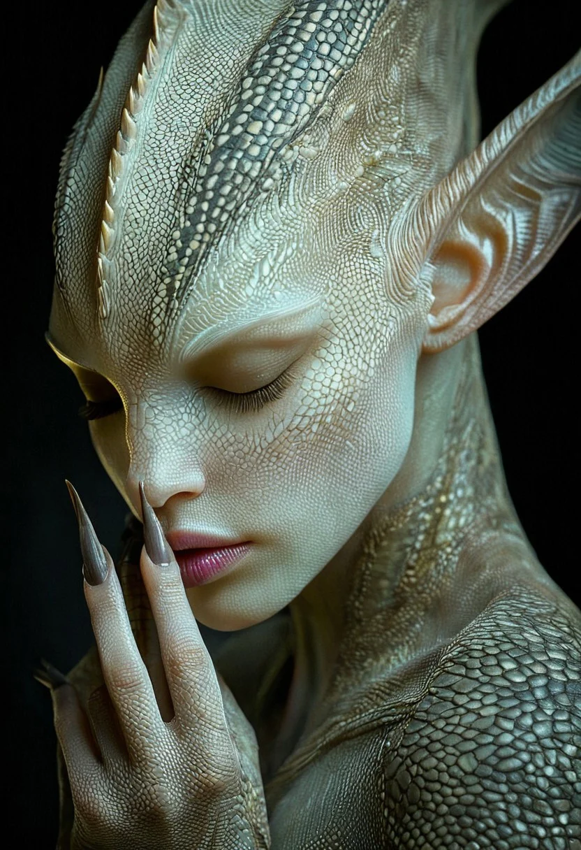 This is a hyper-realistic CGI image of an androgynous, ethereal being with an uncanny resemblance to a mythical creature, likely an alien or fantastical being. The subject has a pale, almost translucent skin covered in intricate, scale-like patterns that resemble the texture of a reptile, in shades of gold, brown, and muted earth tones. Their face is adorned with a delicate, almost imperceptible pattern that enhances their otherworldly appearance.
The being's eyes are closed, giving an impression of serenity or perhaps slumber. They have striking, elongated, pointed ears that are a darker, almost black hue, adding to the fantastical, alien-like quality. The lips are full and painted with a deep, natural pink lipstick, complementing the muted color palette of the skin.
Their fingers are long and slender, with sharp, talon-like nails, hinting at a predatory nature. One hand is gently touching their cheek, adding a touch of vulnerability to the otherwise imposing figure. The background is a dark, almost black gradient, which deepens the focus on the subject and enhances the ethereal, almost spectral quality of the image.
The lighting is soft and subtle, with a cool tone, highlighting the intricate details of the skin texture and the delicate features of the being.