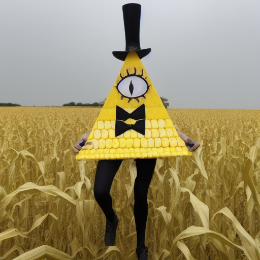 Bill Cipher walking down a corn field