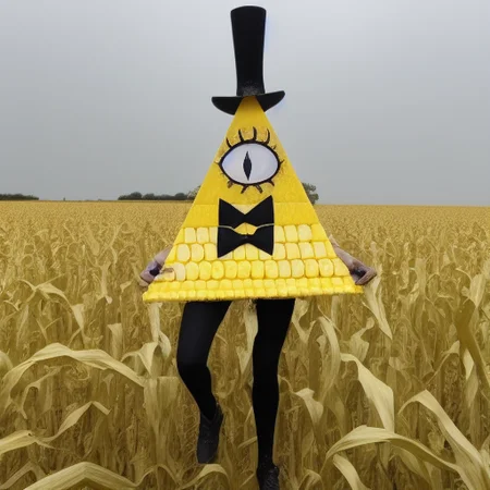 Bill Cipher walking down a corn field
