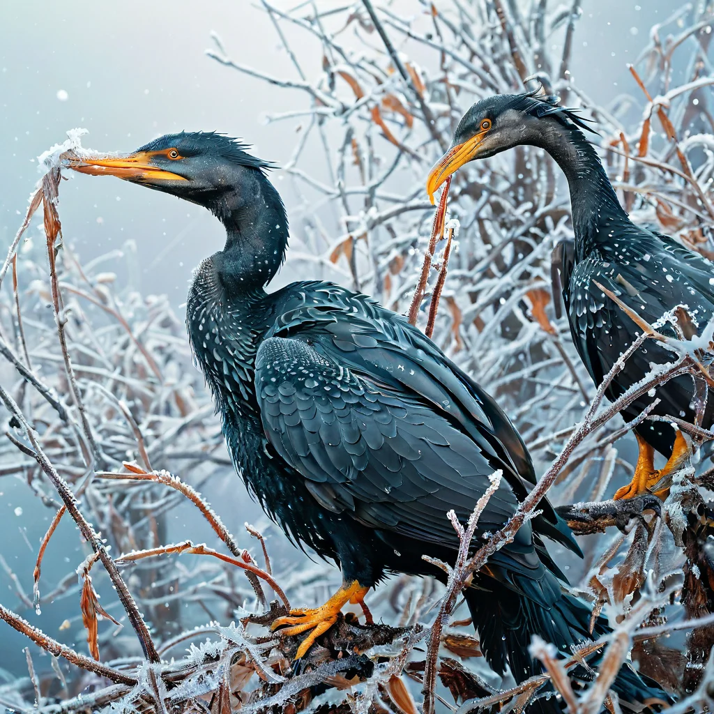 frostmyst,, art by James Jean, detailed art, Concept art, a masterpiece of art depicts a double-clear cormorant, with intricate details and bold lines that seem to pulse with energy. Detailed, vibrant, surrealism, fantastical, (HD, masterpiece, best quality, hyper detailed, ultra detailed, super realistic),amazing, mystifying_frosted-000005<lora:sdxl\mine\mystifying_frosted-000005.safetensors:1.0:1.0>