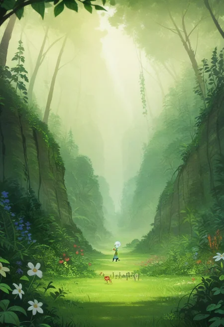 score_9, score_8_up, score_7_up, AislingF, white hair, very long hair, green eyes, black eyebrows, pixar style, outdoors, nature, plants, flower,