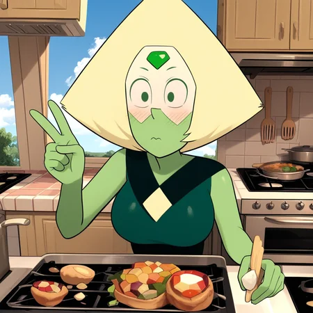 gem, forehead jewel, sky, simple background, blush, food, v, kitchen, breasts