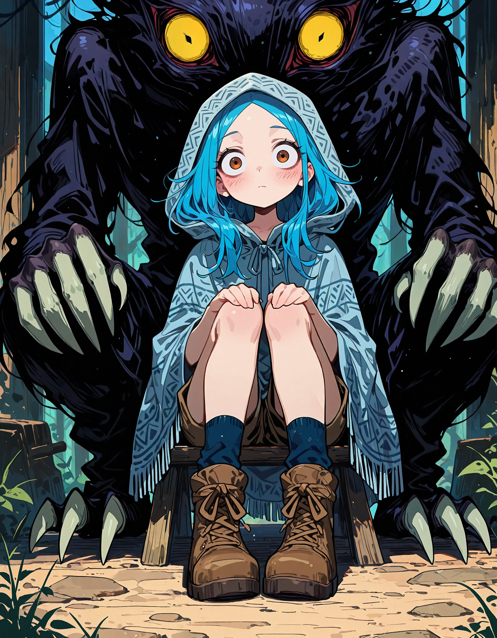 masterpiece, newest, incredibly absurdres, highres,  <lora:3Y3S_style:1>,3Y3S_illu,toon \(style\),traditional media1girl, sitting, looking at viewer, brown footwear, long hair, blue hair, socks, hood, hood up, closed mouth, shorts, solo, blush, boots, cloak, poncho, monster, full body, hands on own knees, shoes