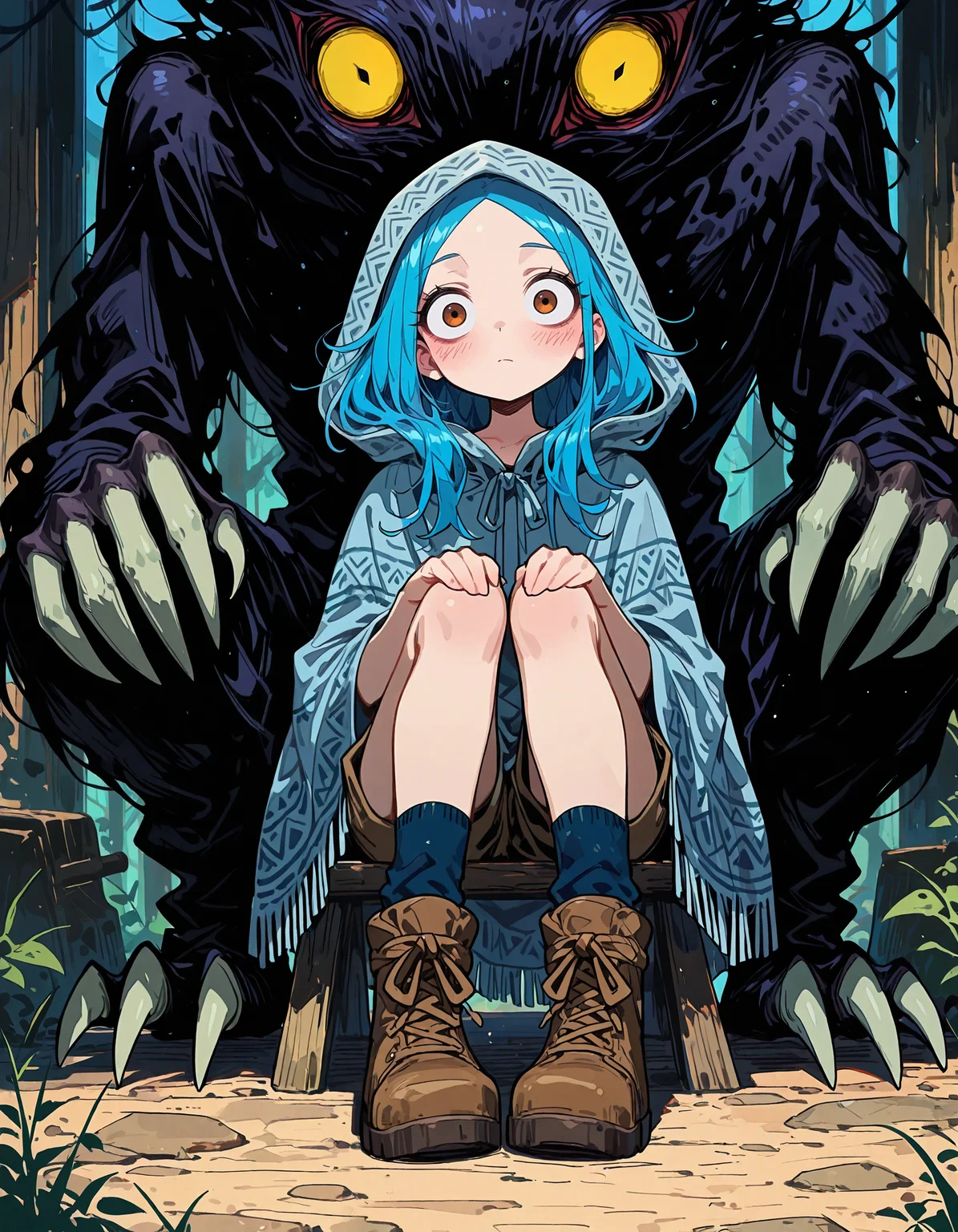 masterpiece, newest, incredibly absurdres, highres, <lora:3Y3S_style:1>,3Y3S_illu,toon \(style\),traditional media1girl, sitting, looking at viewer, brown footwear, long hair, blue hair, socks, hood, hood up, closed mouth, shorts, solo, blush, boots, cloak, poncho, monster, full body, hands on own knees, shoes
