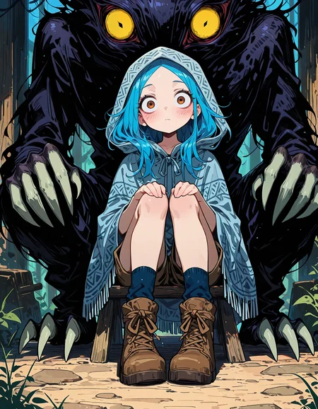 masterpiece, newest, incredibly absurdres, highres, <lora:3Y3S_style:1>,3Y3S_illu,toon \(style\),traditional media1girl, sitting, looking at viewer, brown footwear, long hair, blue hair, socks, hood, hood up, closed mouth, shorts, solo, blush, boots, cloak, poncho, monster, full body, hands on own knees, shoes