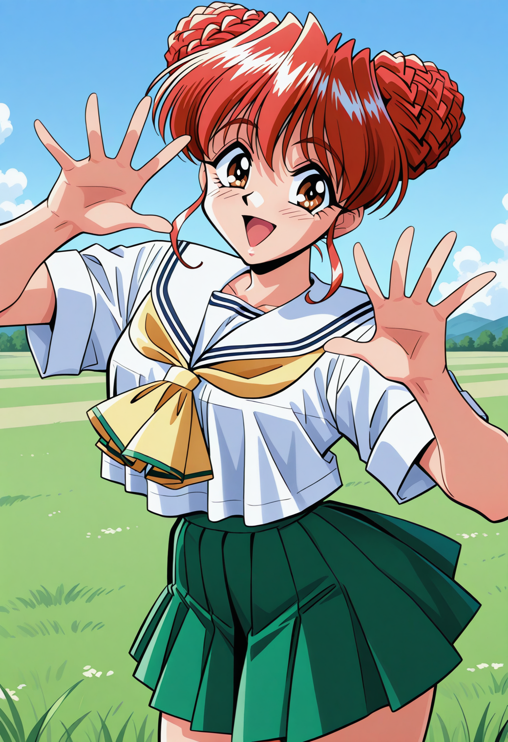 tani_yurika, brown eyes, red hair, hair bun, double bun, school uniform, serafuku, white sailor collar, yellow neckerchief, white shirt, short sleeves, green skirt, pleated skirt, <lora:Graduation_tani_yurika_illustrious_ver1:0.8>
smile, open mouth,, masterpiece, best quality, very aesthetic, absurdres, general,, 1girl, solo, blue sky, (grasslands:1.2), looking at viewer,, (cowboy shot, dynamic pose:1.4),