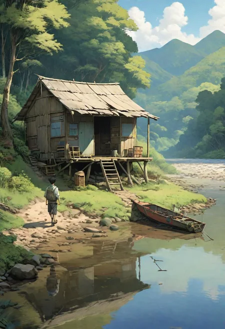 peaceful shack on the side of a river, young man walking away from shack, strong facial features,empty chair with a fishing pole beside it, anime style