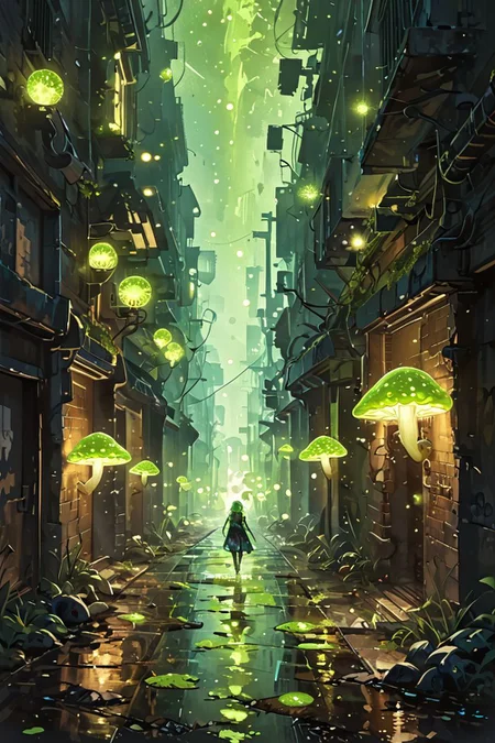 detailed background,Cinematic Lighting,film grain,score_9,score_8_up,score_7_up,masterpiece,best quality,highly detailed,
<lora:(增强)sdxl_lightning_8step_lora:1>,<lora:glowneon_xl_v1:1>,glowing,<lora:ExpressiveH:0.8>,Expressiveh,<lora:(增强)Hands XL 4:1>,hand person,<lora:ArsMJStylePony - Watercolor:0.4>,arsmjstyle,watercolor,
(Dark Street Alley:2),(hyper detailed:2),(ultra sharp focus:2) night,dark:2,(glowing bioluminescence:2),small green mushrooms,glowing,(abandoned:2),earth element,water element,bones,(glowing moss:2),(glowing small green mushrooms:2),(small glowing dots:2),(glowing green particles:2),glowing particles,(glowing mushrooms:2),dynamic angle,(best quality:1.9),(masterpiece:1.9),(highest detailed:1.9),(angle:1.9),pov,perfectly lighted,(contrast),(saturated),(((sharp focus))),