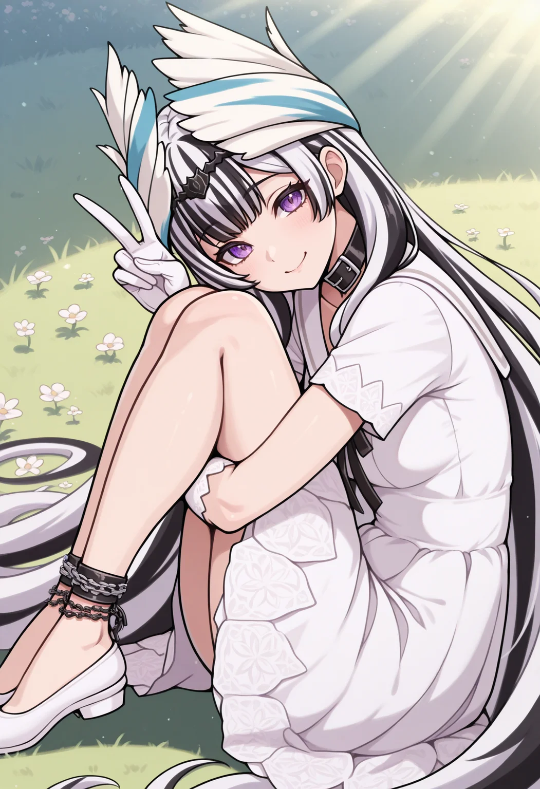 masterpiece, best quality, 1girl, sitting, hugging own legs, smile, looking at viewer, v, from side, <lora:VeyleFE-illu:1> csVeyl, streaked hair, white hair, black hair, feather hair ornament, tiara, very long hair, purple eyes, black choker, white dress, lace, short sleeves, white sailor collar, black ribbon, white gloves, flats, white footwear, chain anklet, grass, flower, sunlight
