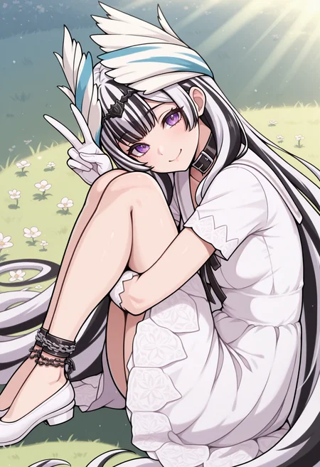 masterpiece, best quality, 1girl, sitting, hugging own legs, smile, looking at viewer, v, from side, <lora:VeyleFE-illu:1> csVeyl, streaked hair, white hair, black hair, feather hair ornament, tiara, very long hair, purple eyes, black choker, white dress, lace, short sleeves, white sailor collar, black ribbon, white gloves, flats, white footwear, chain anklet, grass, flower, sunlight