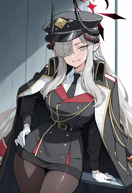 masterpiece, best quality, solo, curvy, beautiful eyes, narrow waist, wide hips, 1girl, solo, smile, looking at viewer, zzMakoto, horns, long hair, grey hair, demon horns, black horns, halo, multiple horns, pointy ears, grey eyes, black coat, black headwear, black necktie, coat on shoulders, collared shirt, long sleeves, military uniform, white gloves, black belt, white shirt, black pantyhose, black jacket, black skirt, <lora:HanumaMakotoBlueArchive_IXL_v1:1.0>, , cowboy shot, leaning forward, smile, looking at viewer, shiny skin,