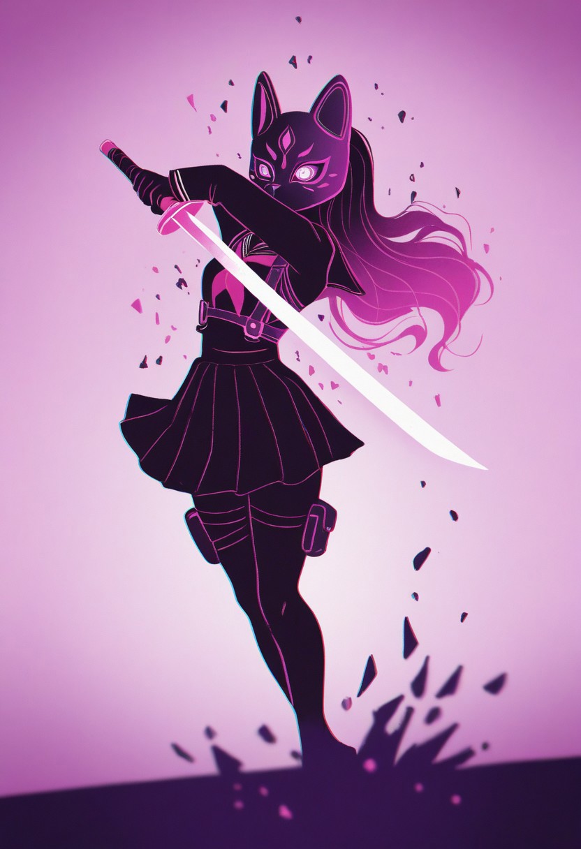 MSMLN, 1girl, action pose, fox_mask, fox fire, mechanical eye, holding sword, school uniform, harness, thigh pouch, silhouette art, glitch art, virtual, colored shadow, geometry, monochrome, local color adaptation, hdr, (disintegration effect:1.4), (chromatic aberration, polarized:1.2), (blurry:1.4), masterpiece, best quality, amazing quality, very aesthetic, absurdres, newest,