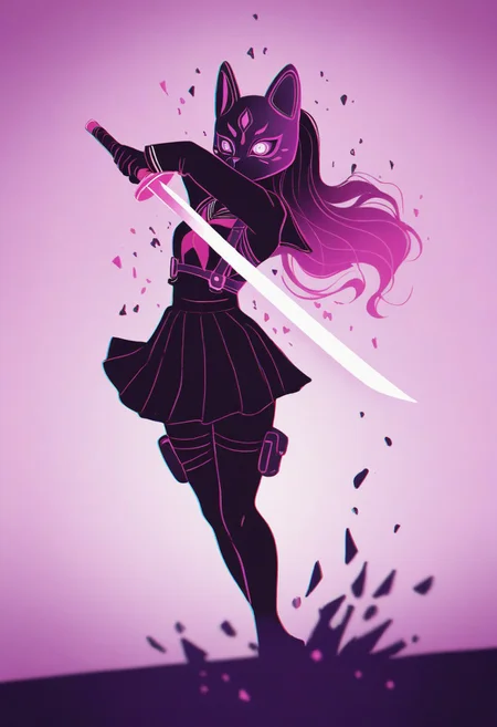 MSMLN, 1girl, action pose, fox_mask, fox fire, mechanical eye, holding sword, school uniform, harness, thigh pouch, silhouette art, glitch art, virtual, colored shadow, geometry, monochrome, local color adaptation, hdr, (disintegration effect:1.4), (chromatic aberration, polarized:1.2), (blurry:1.4), masterpiece, best quality, amazing quality, very aesthetic, absurdres, newest,