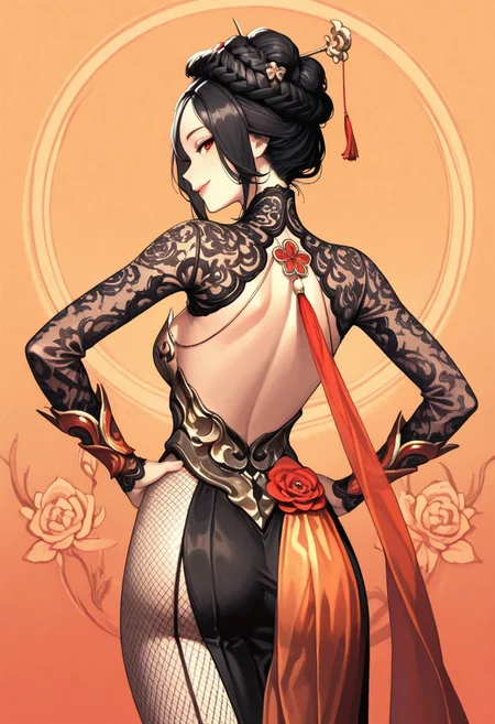 (score_9, score_8, score_7), masterwork, masterpiece, best quality, beautiful eyes, beautiful face, detailed eyes,detailed face, 1girl, guibin, red and gold korean-style dress, black lace mesh sleeves, exposed shoulders and back, gold metallic chest armor, high slit skirt, red ribbon and floral ornaments, golden waist armor, fishnet stockings, translucent orange back drape, sharp metallic cuffs and claw-like accents, high heels, tight-fitting silhouette, highly detailed fabric texture, back view, confident posture, floral hip ornament, hands on waist, upper body, seductive smile, seductive pose, from behind, looking behind
