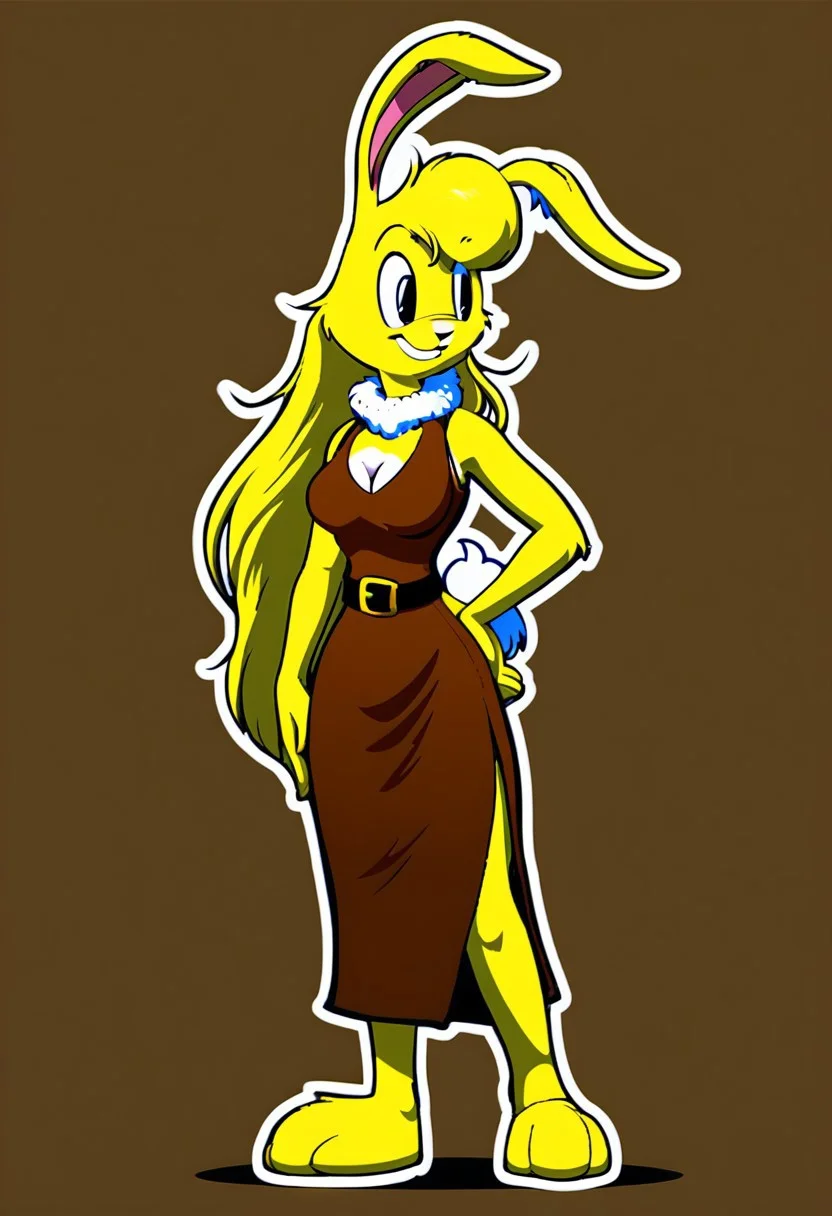 score_9, score_8_up, score_7_up, score_6_up, score_5_up, score_4_up, retro artstyle, BREAK
LoriJackRabbitPXL,1girl, breasts, dress, furry female, solo, animal ears, blonde hair, furry, long hair, cleavage, hand on own hip, tail, rabbit ears, rabbit girl, large breasts, smile, sleeveless dress, standing, outline, body fur, sleeveless, signature, belt, yellow fur, closed mouth, bare shoulders, brown dress, looking to the side,rabbit ears, brown background, rabbit tail, white outline, simple background, two-tone fur, animal nose, black eyes, happy
<lora:lorijackrabbit-v1:0.9>